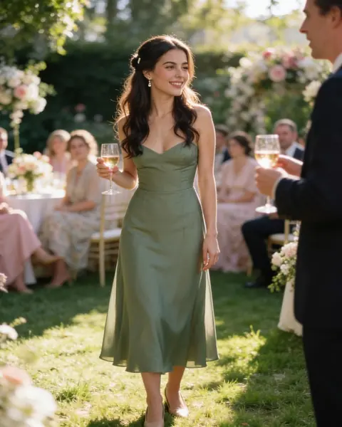 AI-created woman in a green dress at a garden event